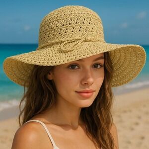 Panama Jack Womens Sun Hat Paradise‎ Style Tan Wide Brim Crochet Beach Pool NWT